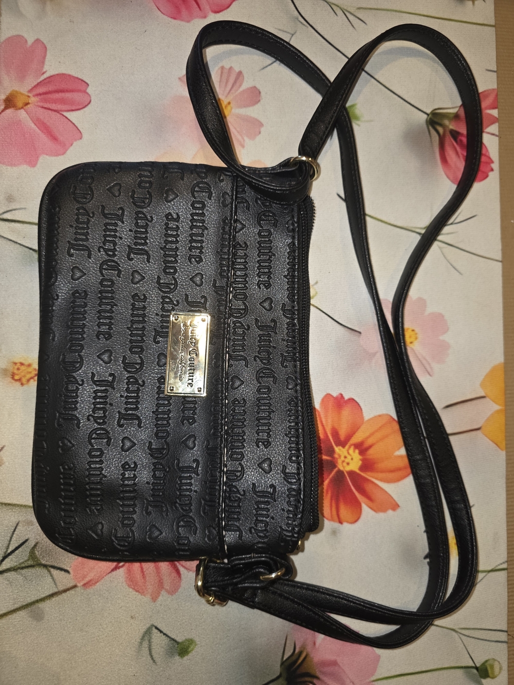 Juicy Couture Black Embossed Logo Crossbody with Gold Plate
